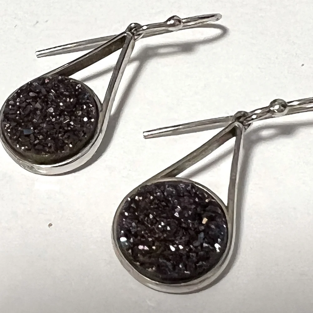 Iridescent black druzy earrings set in sterling silver